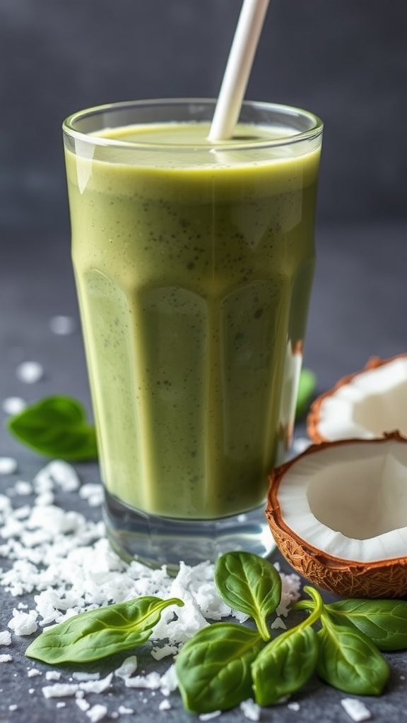 A refreshing Coconut Cream Spinach Smoothie in a glass
