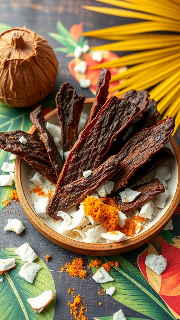 A bowl of coconut curry beef jerky with shredded coconut and spices around it.