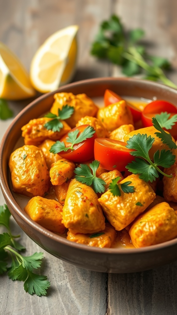 A bowl of coconut curry chicken with fresh cilantro and tomatoes, garnished with lemon slices.
