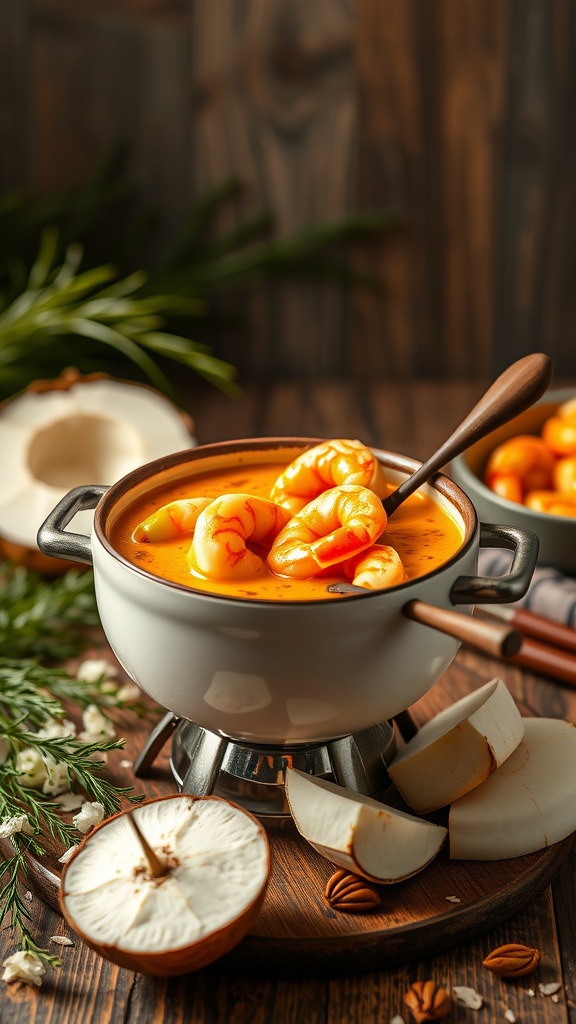 A pot of coconut curry fondue with shrimp, surrounded by fresh coconut and greenery.