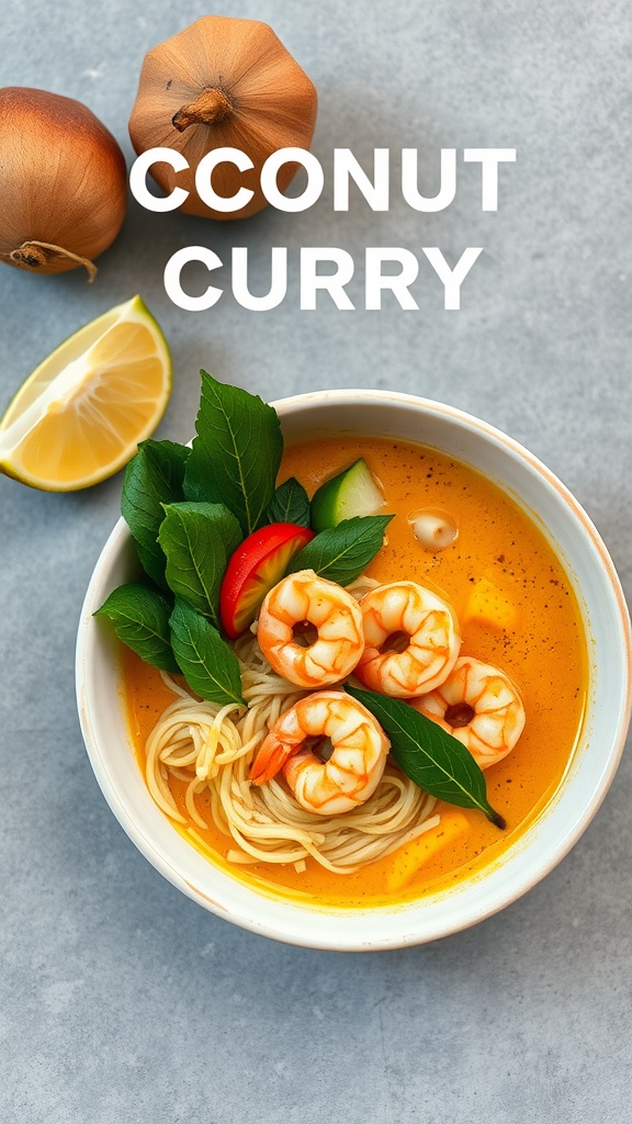 A bowl of coconut curry ramen with shrimp and fresh herbs