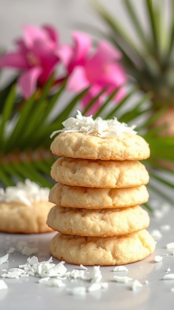 Delicious coconut flour keto cream cheese cookies stacked on a table.