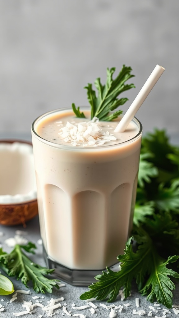 Coconut Kale Protein Shake in a glass garnished with kale and shredded coconut.