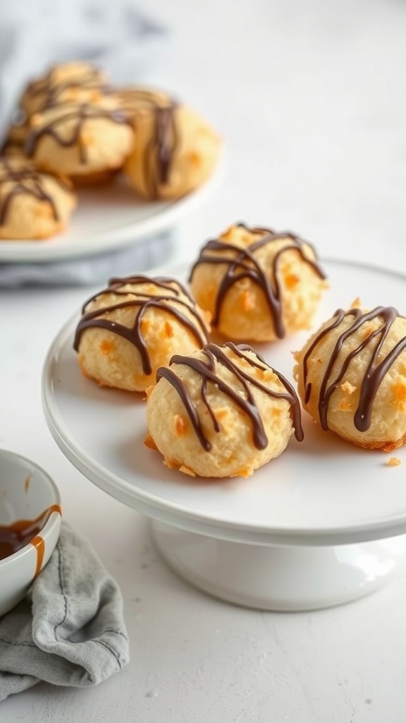 A plate of coconut macaroons drizzled with chocolate.