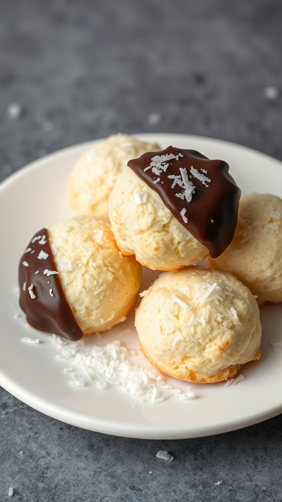 Coconut macaroons dipped in dark chocolate on a plate.