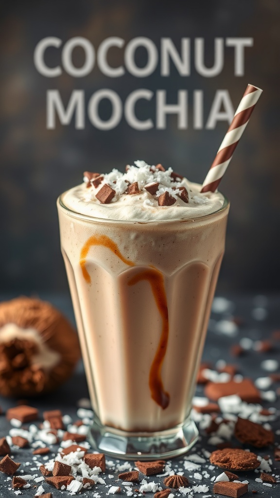 A glass of Coconut Mocha Bliss smoothie topped with shredded coconut and chocolate.