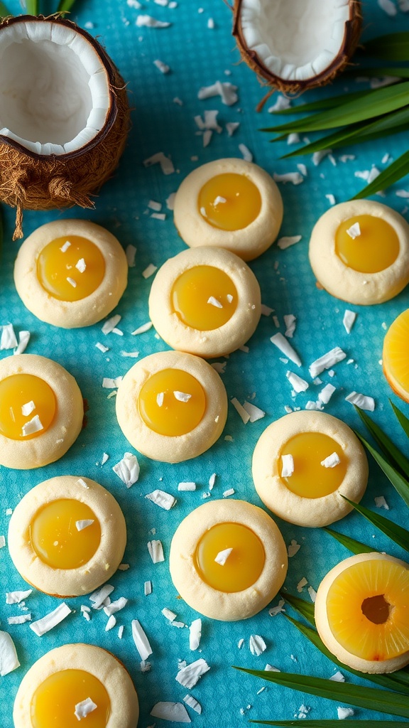 Coconut thumbprint cookies with pineapple filling arranged on a blue background