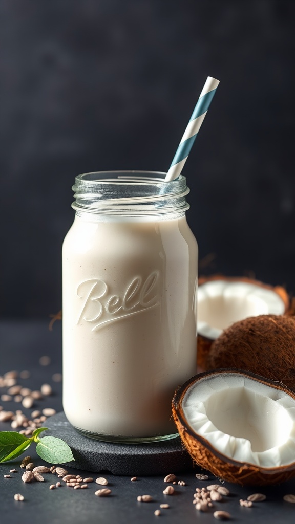 A refreshing coconut water and chia seed shake in a glass jar, garnished with a straw.