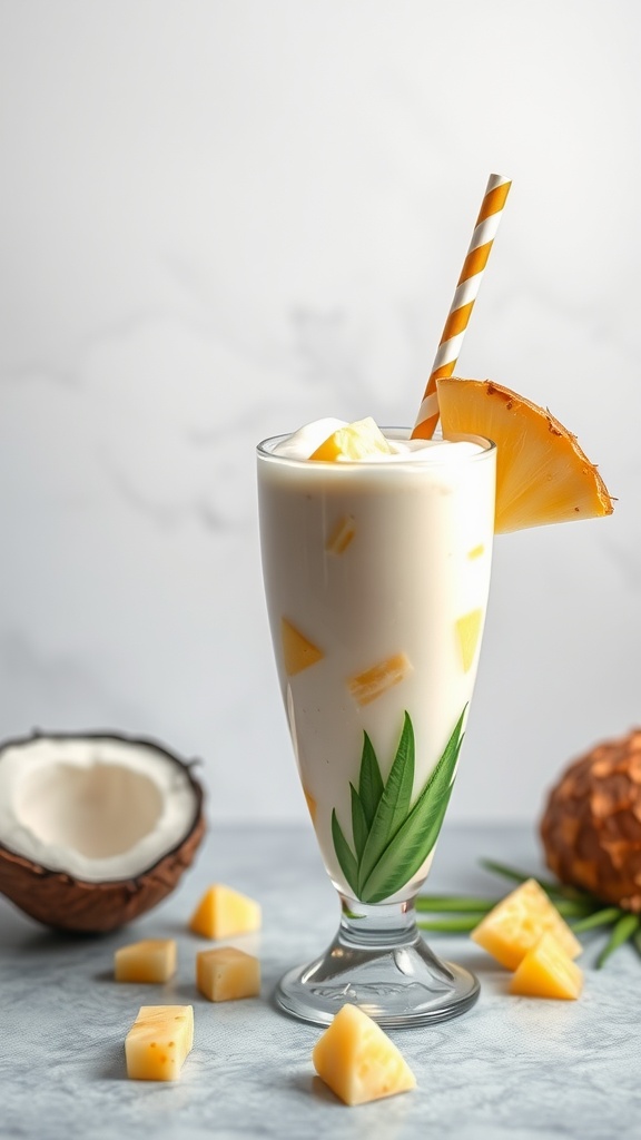 A refreshing smoothie made with coconut yogurt and pineapple, served in a tall glass with a straw.
