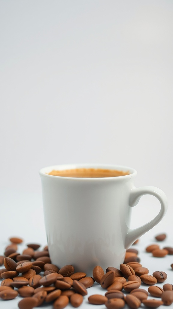 A white coffee cup surrounded by coffee beans on a plain background.