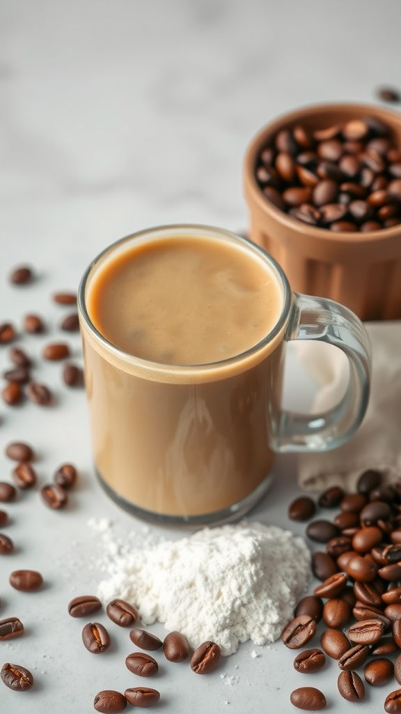 A delicious Coffee & Collagen Shake in a glass, surrounded by coffee beans and collagen powder.