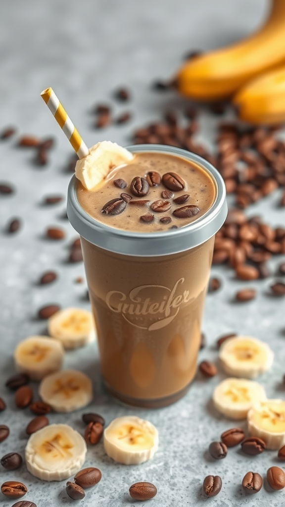 A delicious coffee banana breakfast smoothie served in a glass, garnished with banana slices and coffee beans.