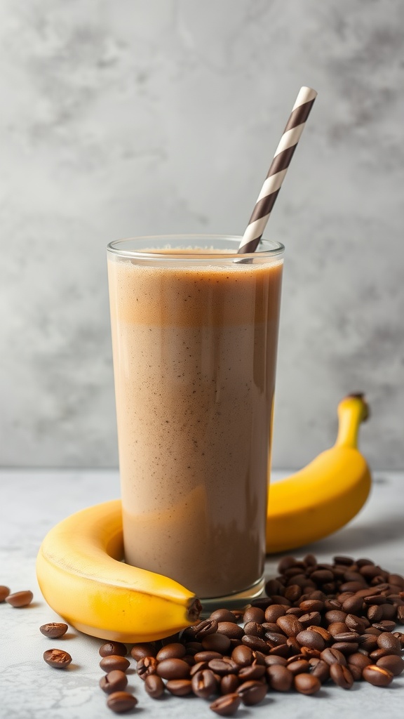 A glass of coffee banana protein smoothie with bananas and coffee beans around it.