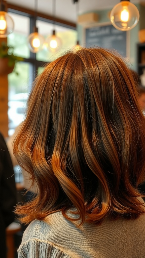 A close-up view of a woman's dark hair with warm brown tones, styled in soft waves.