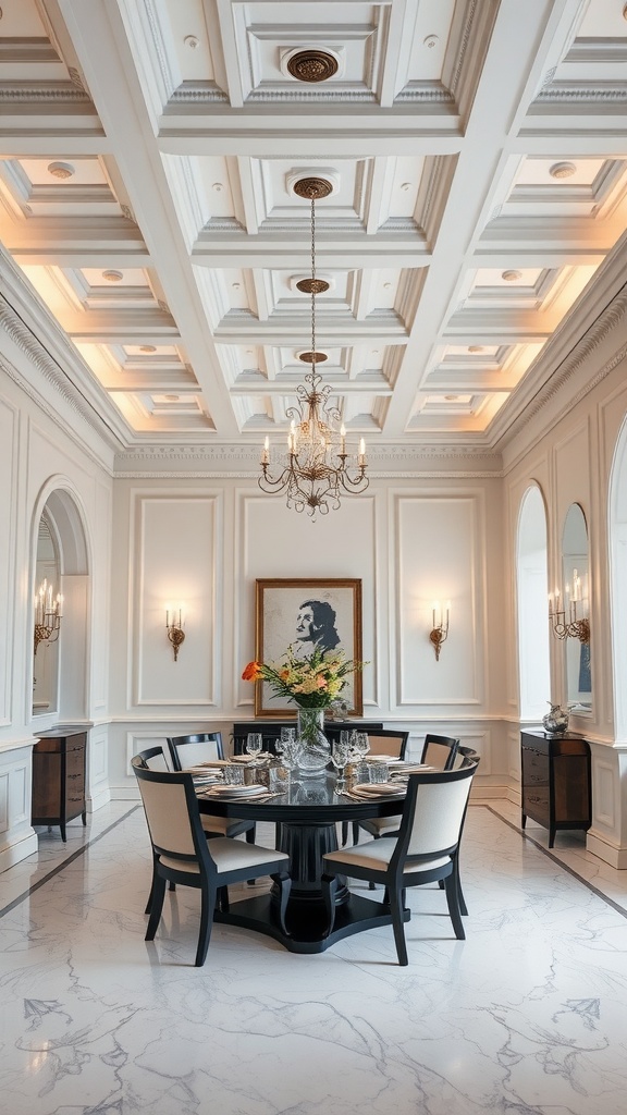 A beautifully designed dining area featuring a coffered ceiling with warm lighting.