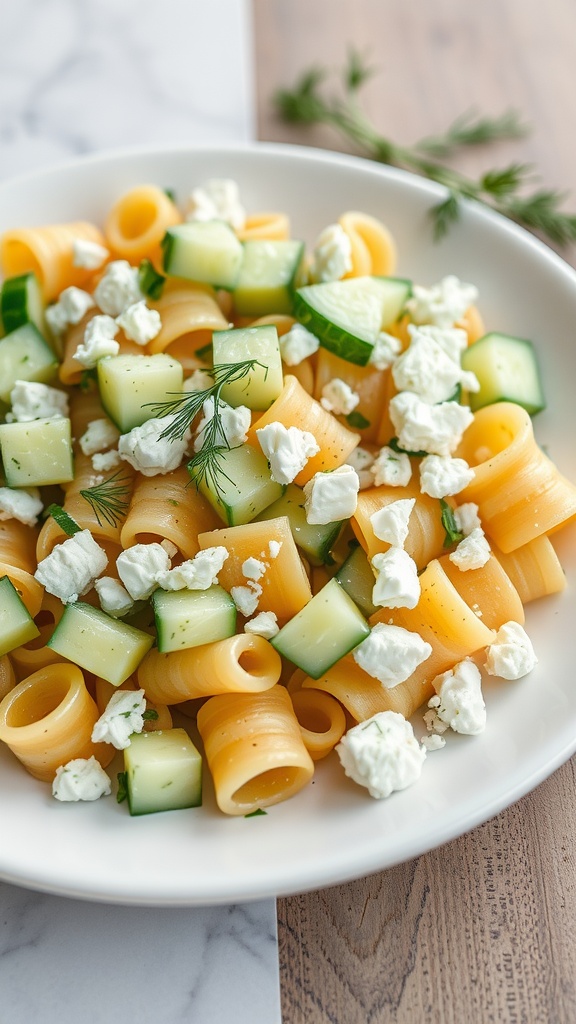 A colorful bowl of cold pasta salad with cucumber and feta cheese