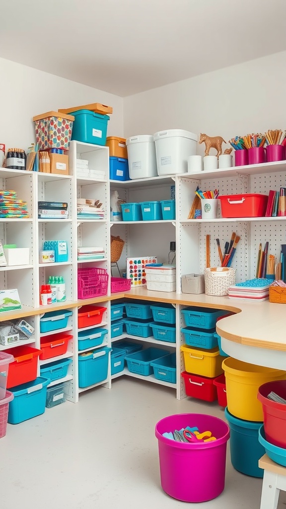 A vibrant craft room with colorful storage bins and organized supplies.