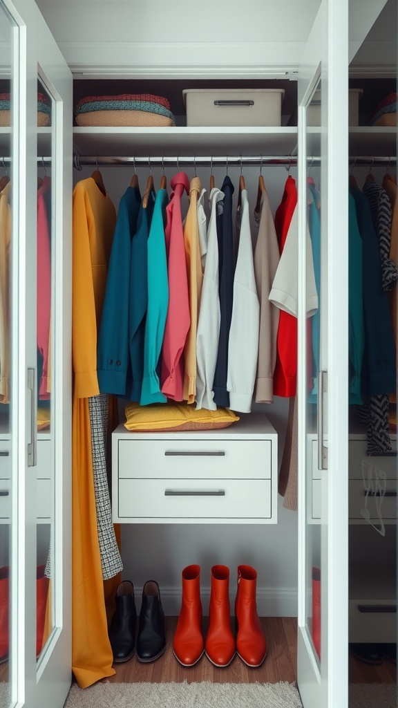 A neatly organized closet with color-coded clothing and shoes.