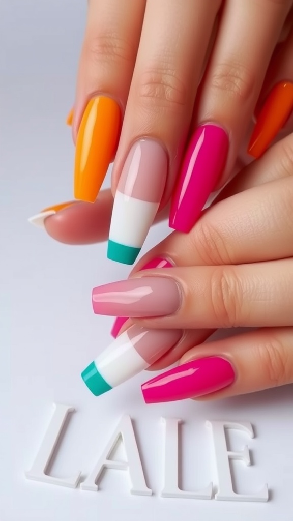 Color block chic acrylic coffin nails featuring orange, pink, and white colors