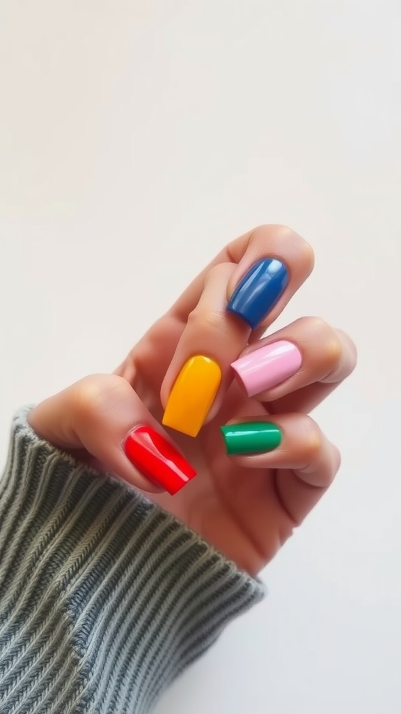 A hand displaying colorful color block square nails with various shades.
