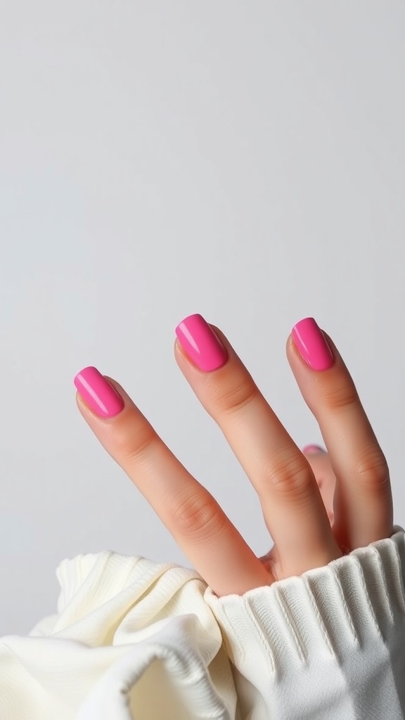 Nails painted in vibrant pink color, showcasing a color blocking design.