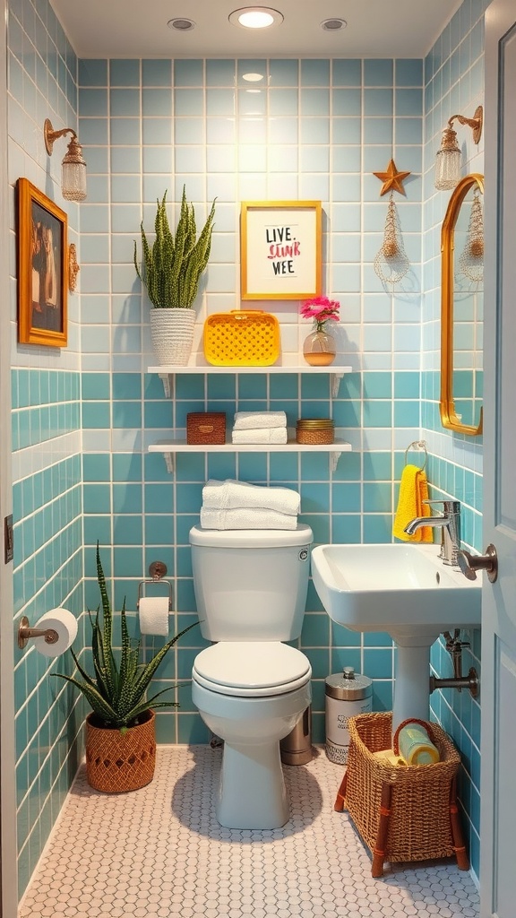 A bright and inviting small bathroom with colorful accents including blue tiles and decorative items.