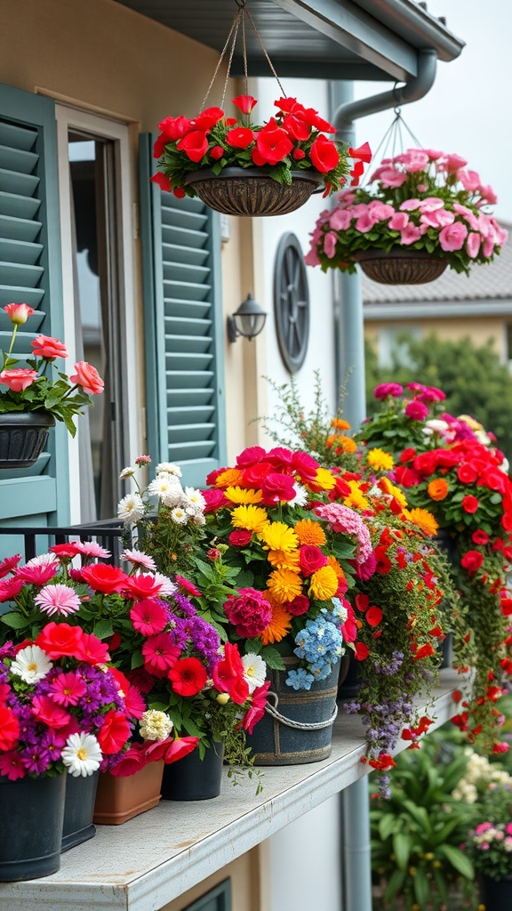 A balcony filled with colorful flowers in pots and hanging baskets.