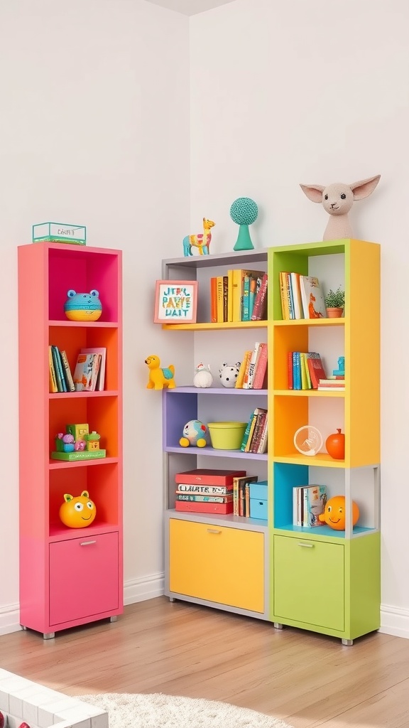 Colorful corner shelving units with books and toys
