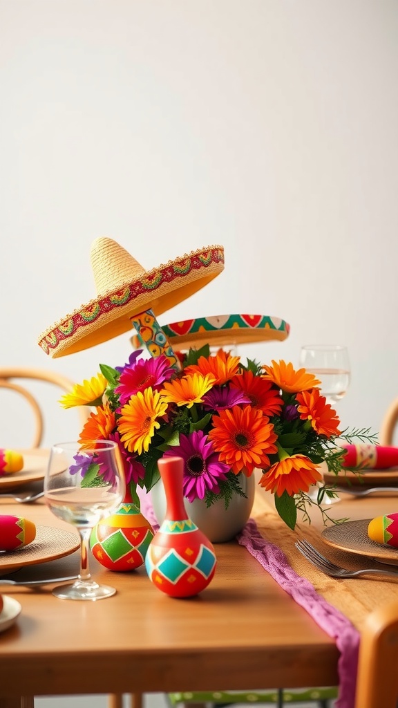 A festive dining table centerpiece featuring bright flowers, a sombrero, and colorful decorations.