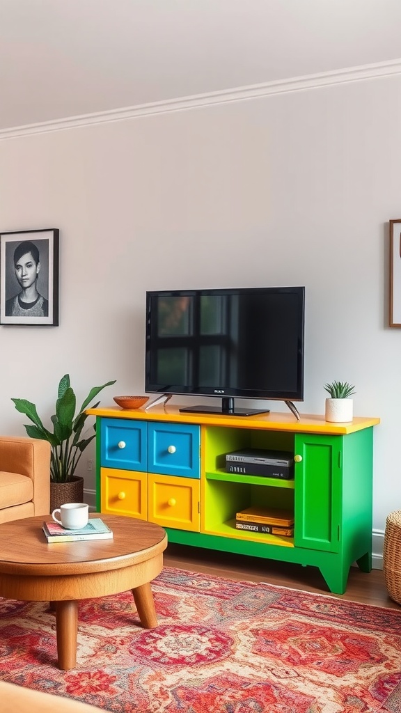 A colorful painted TV stand with blue, yellow, and green drawers, featuring a TV on top, surrounded by a cozy living room setting.