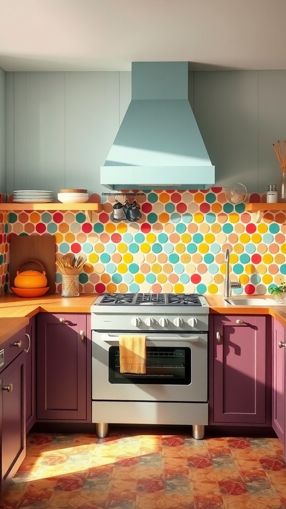 A kitchen featuring colorful penny round tiles as a backsplash, complemented by purple cabinets and an aqua range hood.