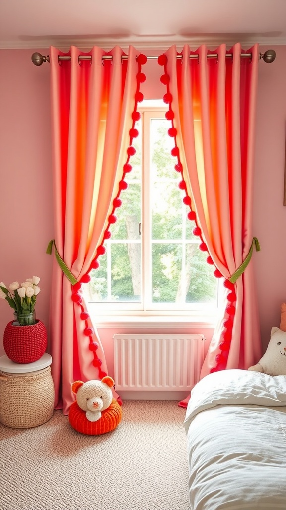 Colorful pom-pom trimmed curtains in a bedroom with pink walls and a cozy decor.