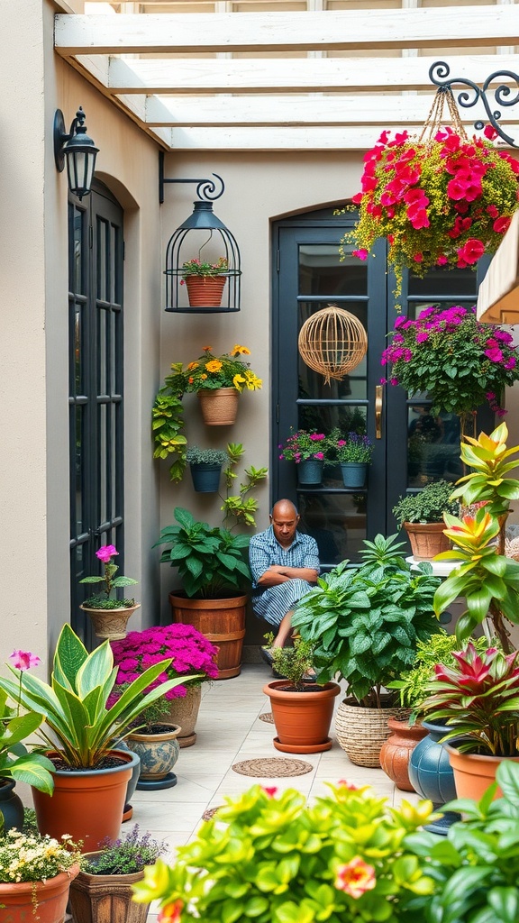 A cozy outdoor patio filled with vibrant potted plants and a person sitting peacefully.