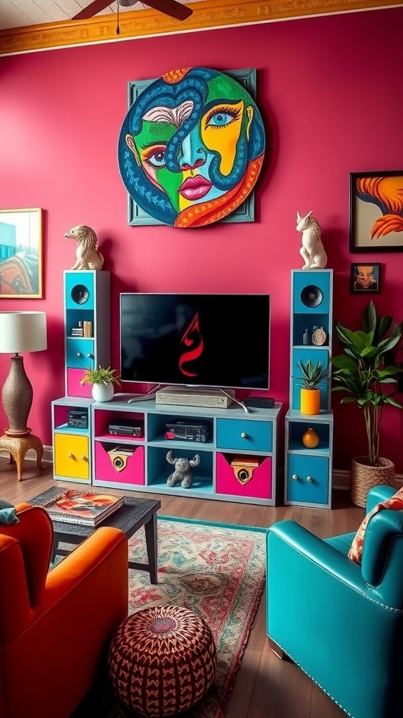 A vibrant entertainment center featuring colorful shelves, art, and decor against a bright pink wall.