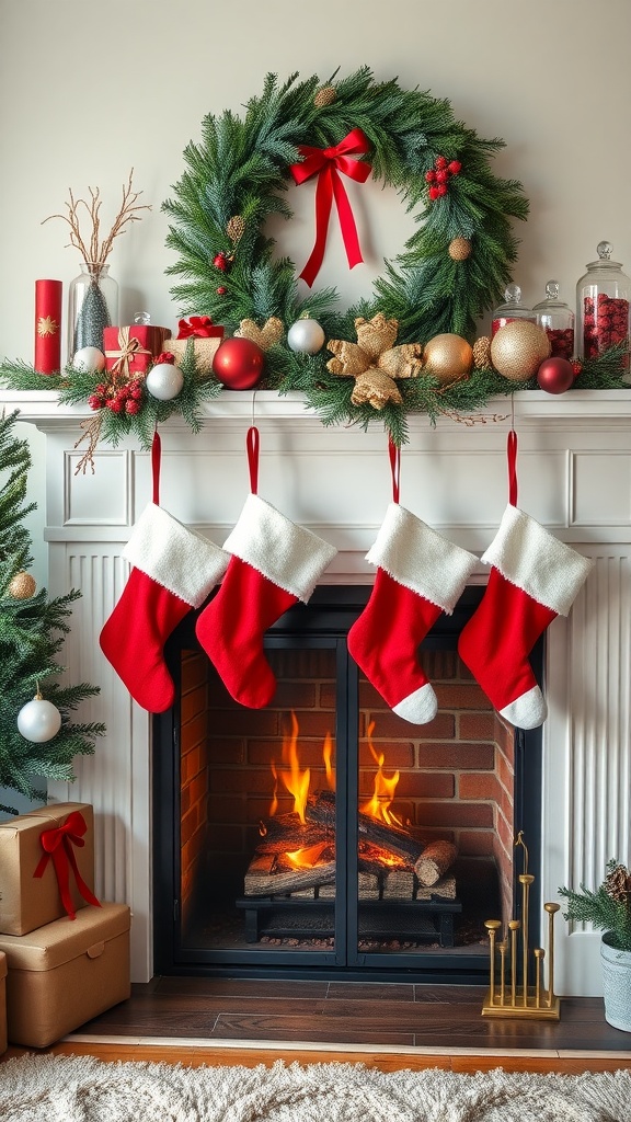A beautifully decorated fireplace with colorful stockings, a festive wreath, and holiday decorations.