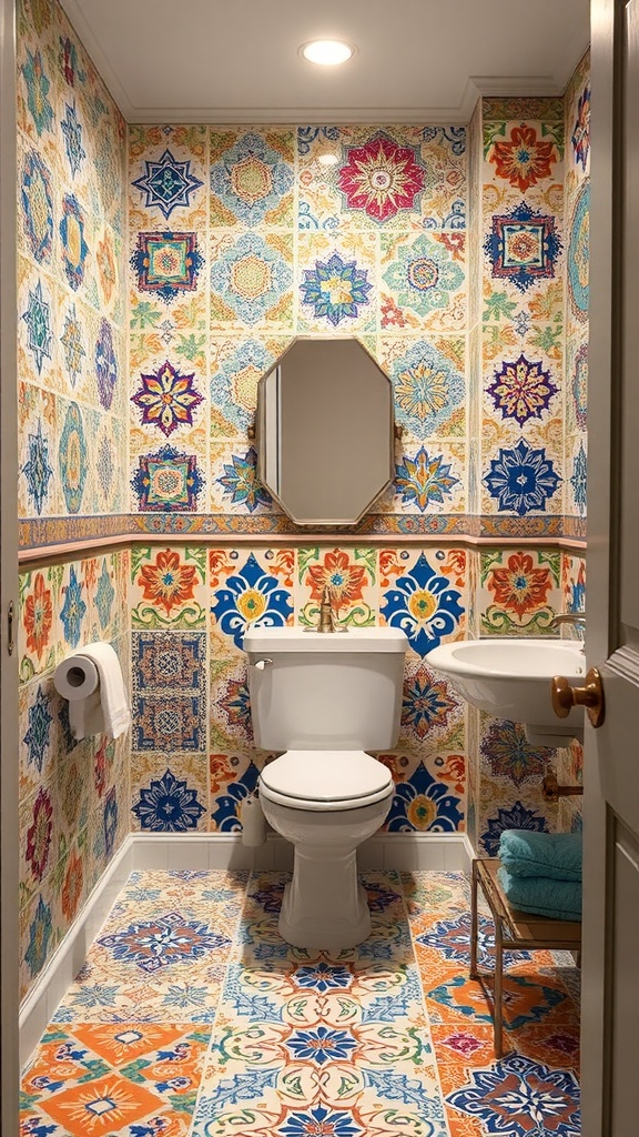 A vibrant half bathroom featuring colorful tile patterns on the walls and floor.