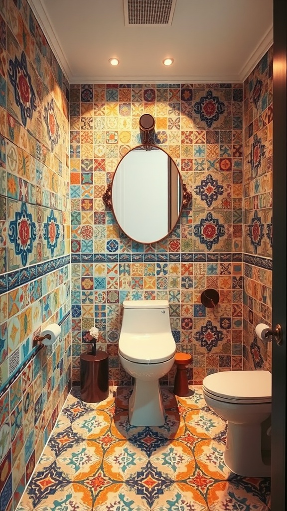 A small bathroom featuring colorful tile patterns on walls and floor, with a round mirror and modern toilet.