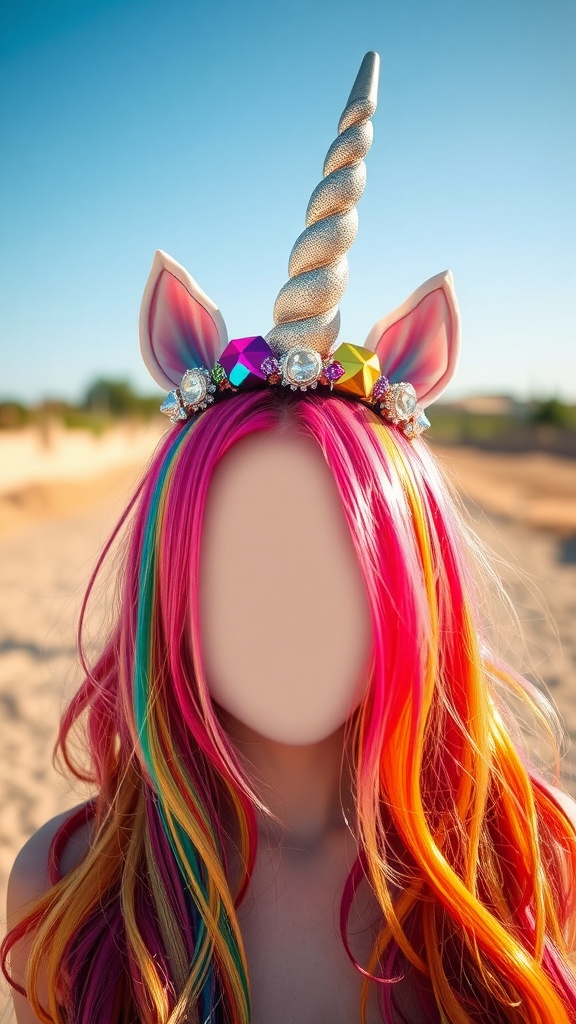 A colorful hairstyle featuring a unicorn horn headband.