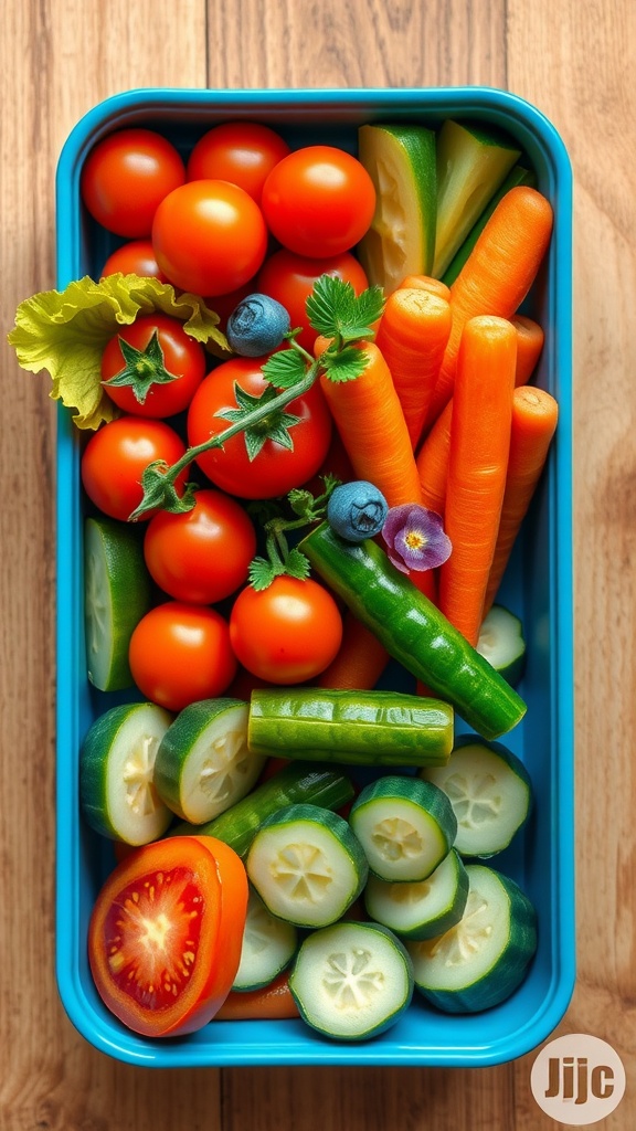 A bento box filled with a variety of fresh vegetables, including cherry tomatoes, cucumbers, carrots, and more.