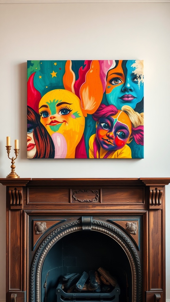A colorful painting featuring abstract faces above a wooden fireplace.