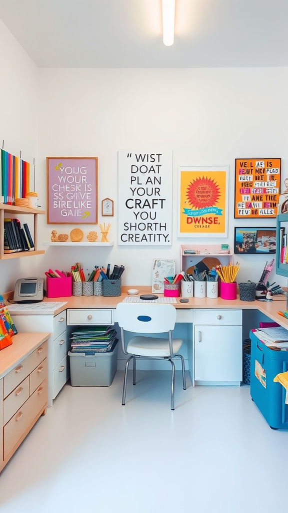 A bright and organized craft room featuring colorful wall art and various organizational supplies.