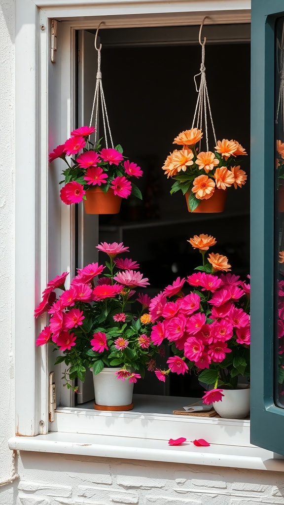 Colorful flower planters in a kitchen window with pink and orange blooms.