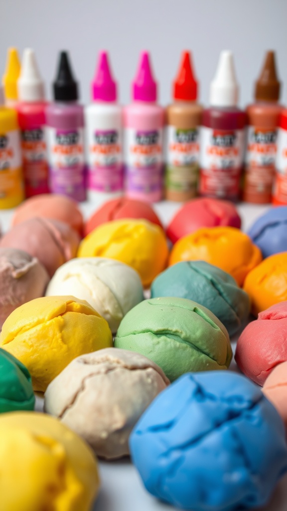 Colorful homemade playdough and bottles of coloring.