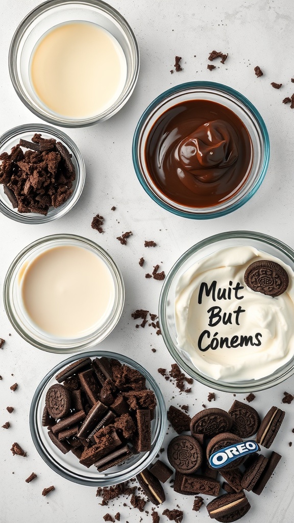 Oreo cake ingredients arranged in bowls