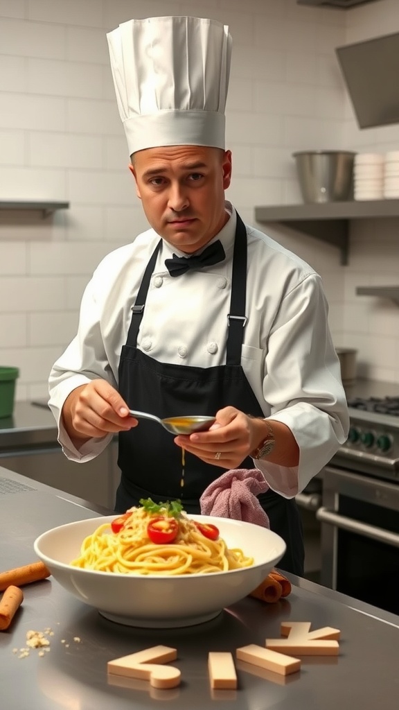 A chef preparing pasta carbonara in a professional kitchen setting.