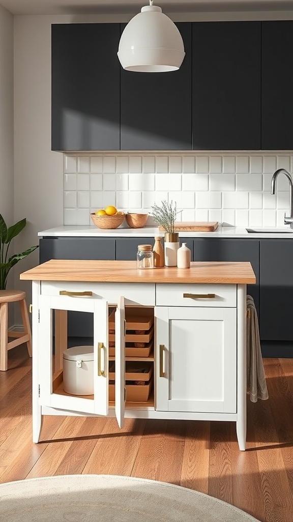 A compact kitchen island with a wooden top and white cabinetry, featuring storage options for a neat and efficient space.