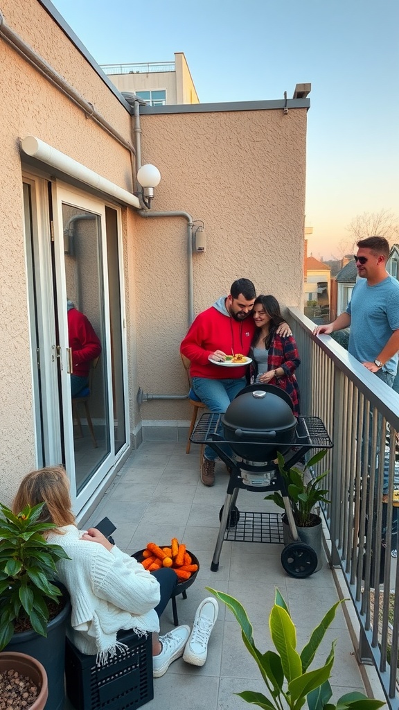 A couple cooking on a small BBQ grill on a balcony while friends enjoy the scene.