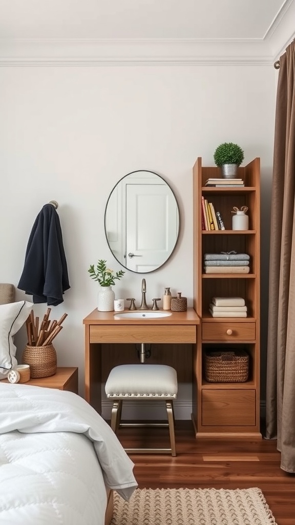 A compact corner vanity with a mirror, plants, and organized shelves in a cozy bedroom setting.