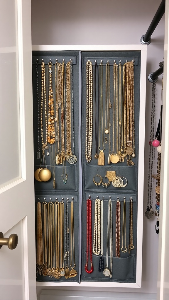 A compact jewelry storage solution featuring a hanging organizer with various necklaces and earrings neatly displayed.
