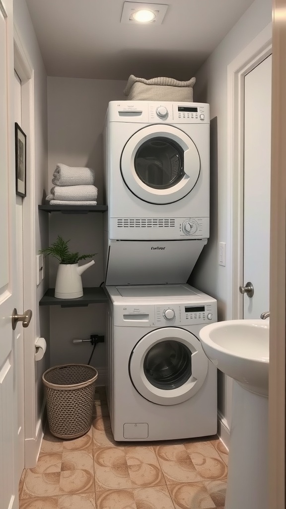 A compact laundry area featuring stacked washer and dryer, a shelf with towels, a plant, and a laundry basket.